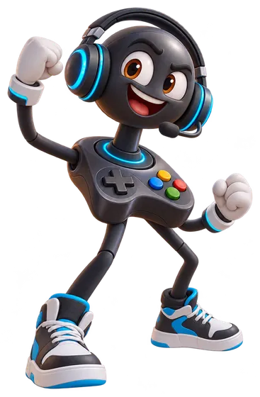 Mascote 3D de controle de videogame com fone, comemorando