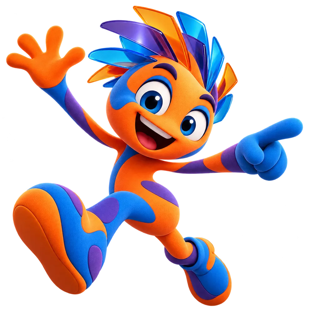 Mascote 3D laranja e azul, cheio de energia, apontando para o texto