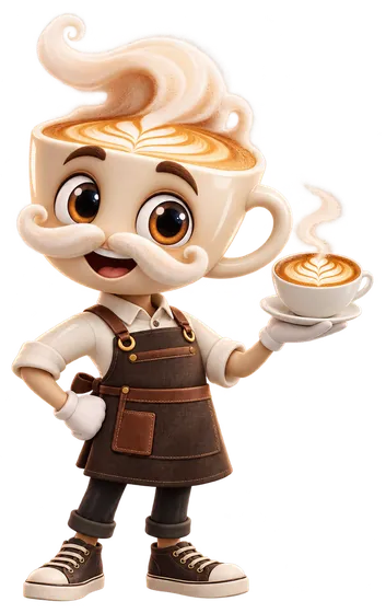Mascote 3D de xícara barista de bigode servindo um café